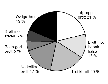 av narkotika samt grovt rattfylleri). Ungefär 13 procent (1 150) av de intagna personerna hade dömts för brott mot liv och hälsa (3 kap. BrB), vanligast för misshandel (inklusive grov misshandel).