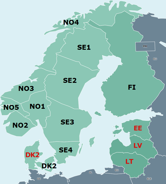 Figur 2. Elområden i det nordiska och baltiska kraftsystemet. Svarta elområden tillhöra samma synkrona område, de röda är sammankopplade vid HVDC.