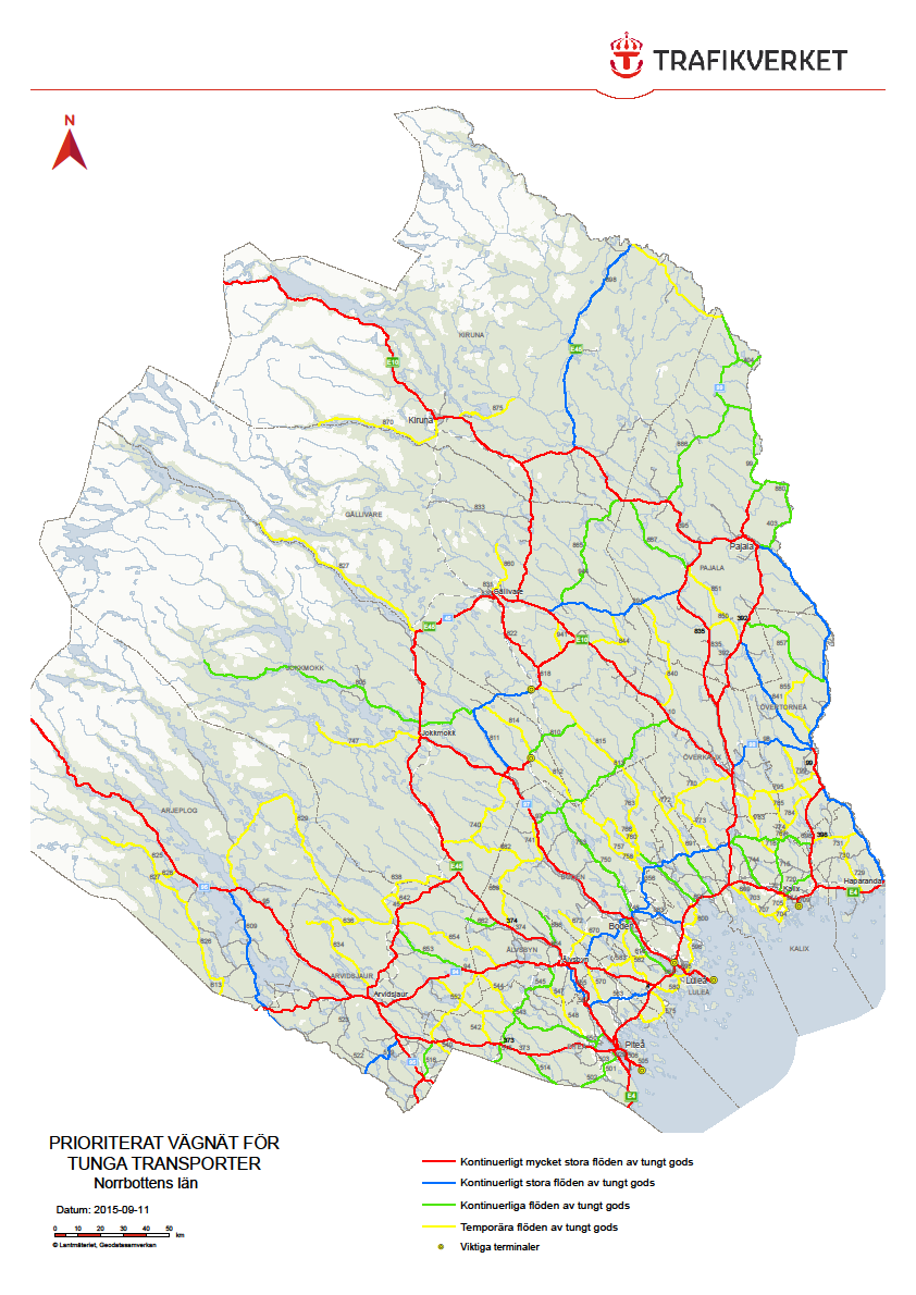 Resultat av inventering av behovsbild Vägnätet redovisas i 4 nivåer av transportvolymer av tyngre transporter 1. Större volymer av tyngre transporter 2.