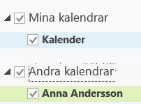 Dela kalendrar Öppna en kollegas kalender via mottagen e-post Klicka på Öppna denna Kalender i mailet du har fått med delningsinbjudan Lägga till en kollegas kalender 1.