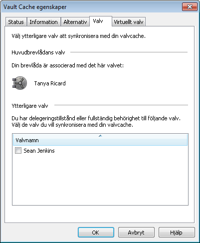 34 Hantera Enterprise Vault-arkivering Se och ändra dina Vault Cache-egenskaper Välja ytterligare ett valv att synkronisera med 1 Klicka på Enterprise Vault > Vault Cache-egenskaper i menyn Verktyg.