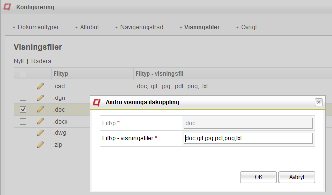 Gränssnitt för att sätta visningsfilskopplingar Det finns ett visningsfilsmenyval under dokumentinställningar. Där är det möjligt att associera en filtyp med motsvarande visningsfiltyp.
