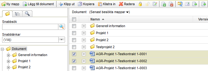 Klicka på Ladda ner för att hämta zip-fil med de utvalda dokumenten. Om äldre versioner tas med kommer de få namn dokument (1.3) där 1.3 är versionsnumret.