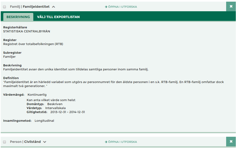 På den expanderade raden finns två flikar, Beskrivning och Välj till Exportlistan.