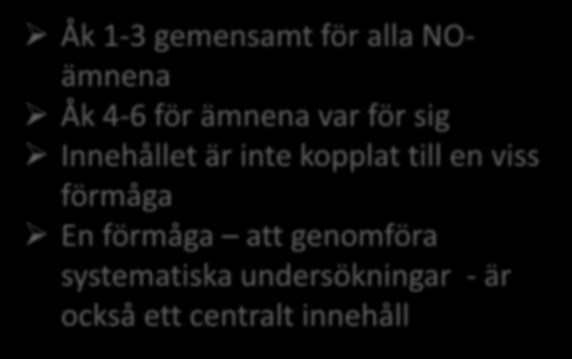 Att tydliggöra målen centralt innehåll Kursplan SYFTE CENTRALT INNEHÅLL KUNSKAPS- KRAV Åk 1-3 gemensamt för alla NOämnena Åk 4-6 för ämnena