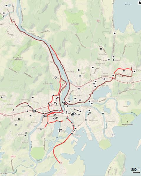 Figur 10: Karta över cykelolyckor med säker position i Karlstads kommun.