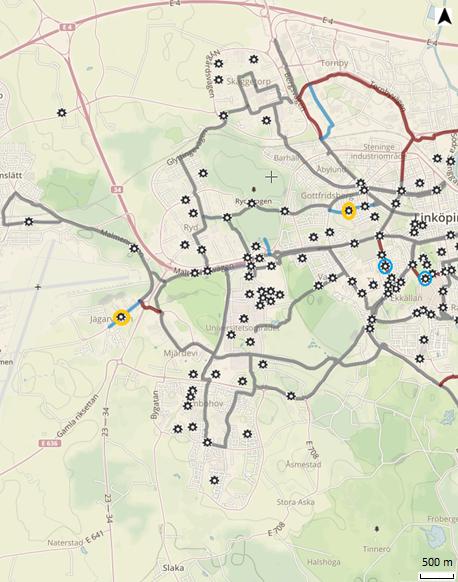 Figur 12: Karta över cykelolyckor med säker position i västra delen av Linköpings kommun.