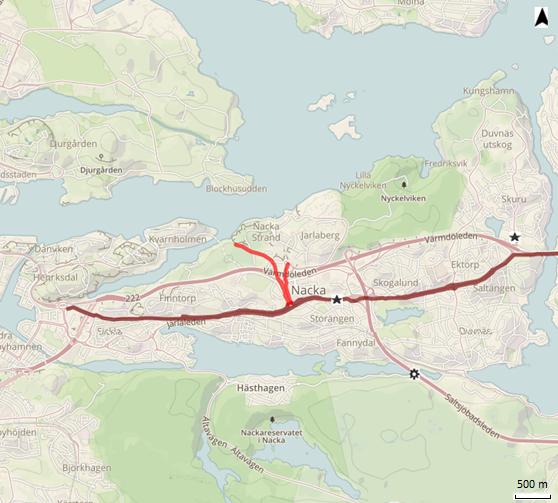 Figur 18: Karta över cykelolyckor med säker position i västra delen av Nacka kommun.