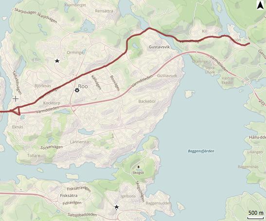 Figur 19: Karta över cykelolyckor med säker position i östra delen av Nacka kommun.
