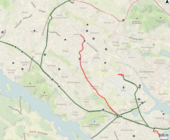 Figur 29: Karta över cykelolyckor med säker position i nordvästra delen av Stockholms kommun.