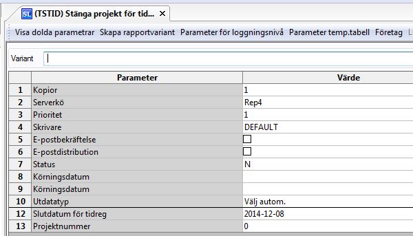 Stänga projekt för tidredovisning Under Egen Meny, Tidadministrering, Tidadm finns en rapport Stänga projekt för tidredovisning som vi använder när vi vill stänga möjligheten att tidredovisa på