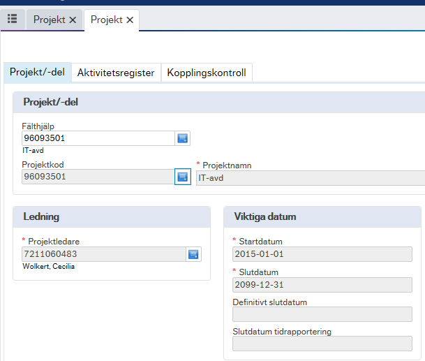 Projekt Under menyknappen Projektledning och rubriken Projekt ska alla hantering av behörighet och nya aktiviteter hanteras. När man klickar på rubriken Projekt framträder tre olika flikar.