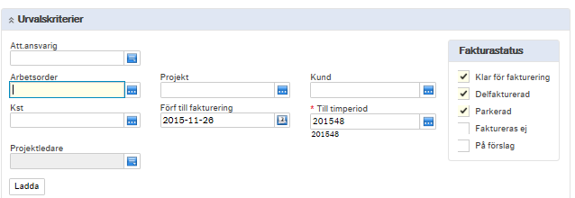 fältet för Att.ansvarig börja med att tömma fältet. Klicka sedan på knappen Ladda (om man får för många resultat så kan man göra urval på en arbetsorder, ett projekt, ett kst eller en kund i taget).