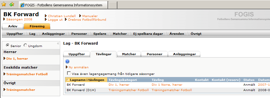 I fliken anläggning läggs anläggning upp för aktuellt lag. Lägg till anläggning (Plan) genom att klicka på Lägg till anläggning. Bocka i förvald för Huvudarena (Plan).