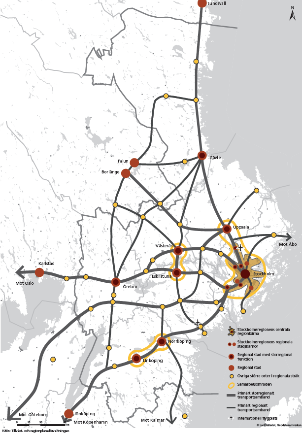 Figur 4: Storregional rumslig strukturbild för ÖMS med fokus på ortsstruktur och storregionala samband Generella utgångspunkter Så långa tidsperspektiv som 2050 är alltid förenade med stora