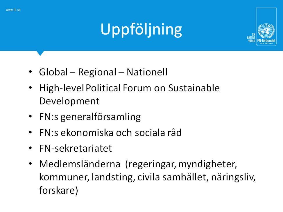 FN ansvarar för den globala uppföljningen. Frågan är om det blir en uppföljning eller granskning. Det senare motsätter sig flera regeringar.