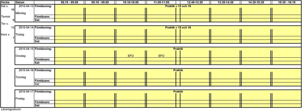 13 2015-04-14 Föreläsning: Praktik v 15 och 16 Kurs v.