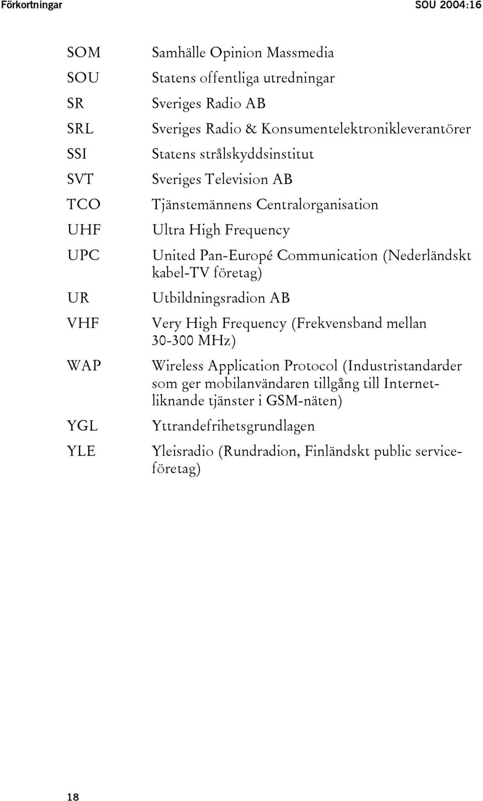 Communication (Nederländskt kabel-tv företag) Utbildningsradion AB Very High Frequency (Frekvensband mellan 30-300 MHz) Wireless Application Protocol