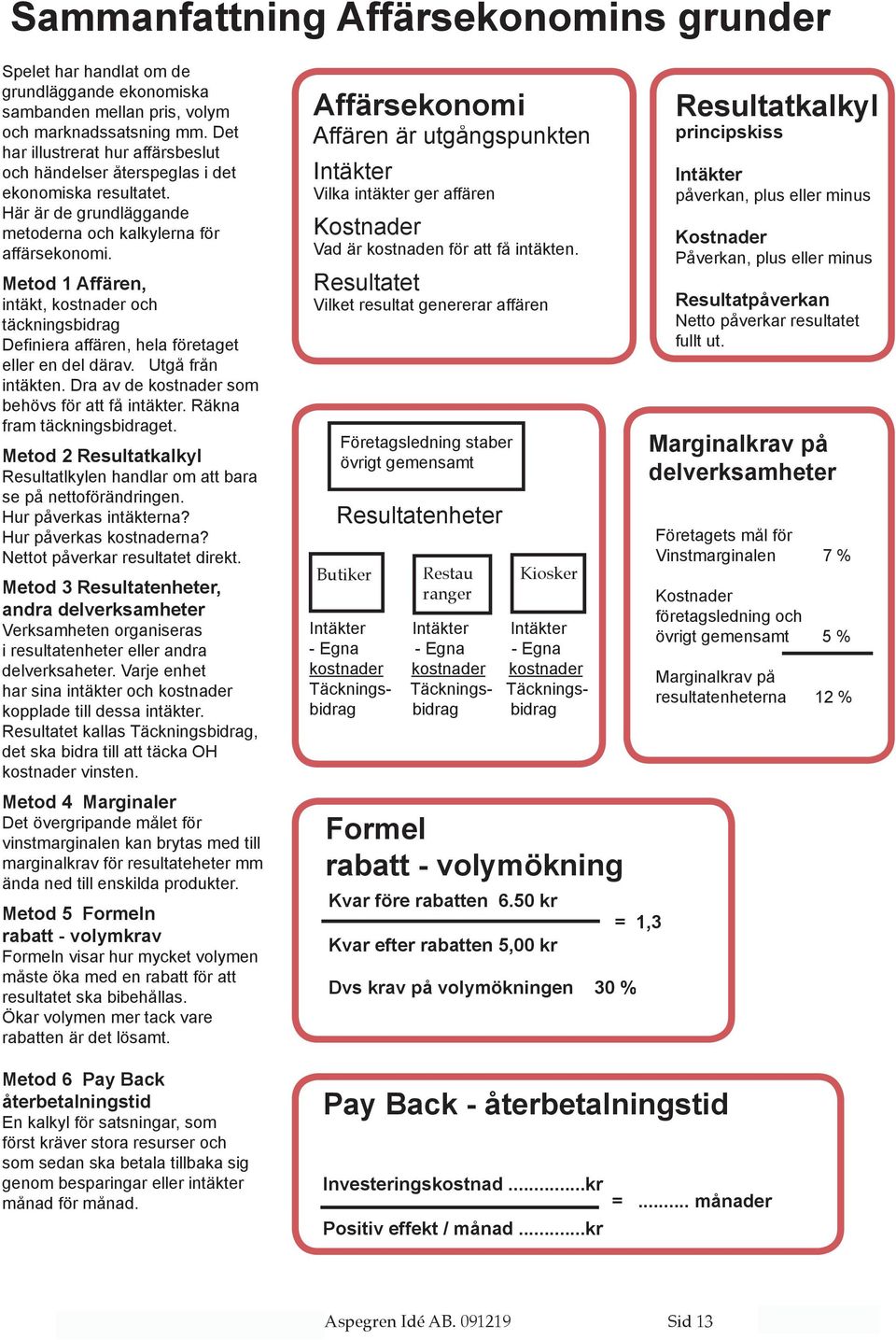 Metod 1 Affären, intäkt, kostnader och täckningsbidrag Definiera affären, hela företaget eller en del därav. Utgå från intäkten. Dra av de kostnader som behövs för att få intäkter.