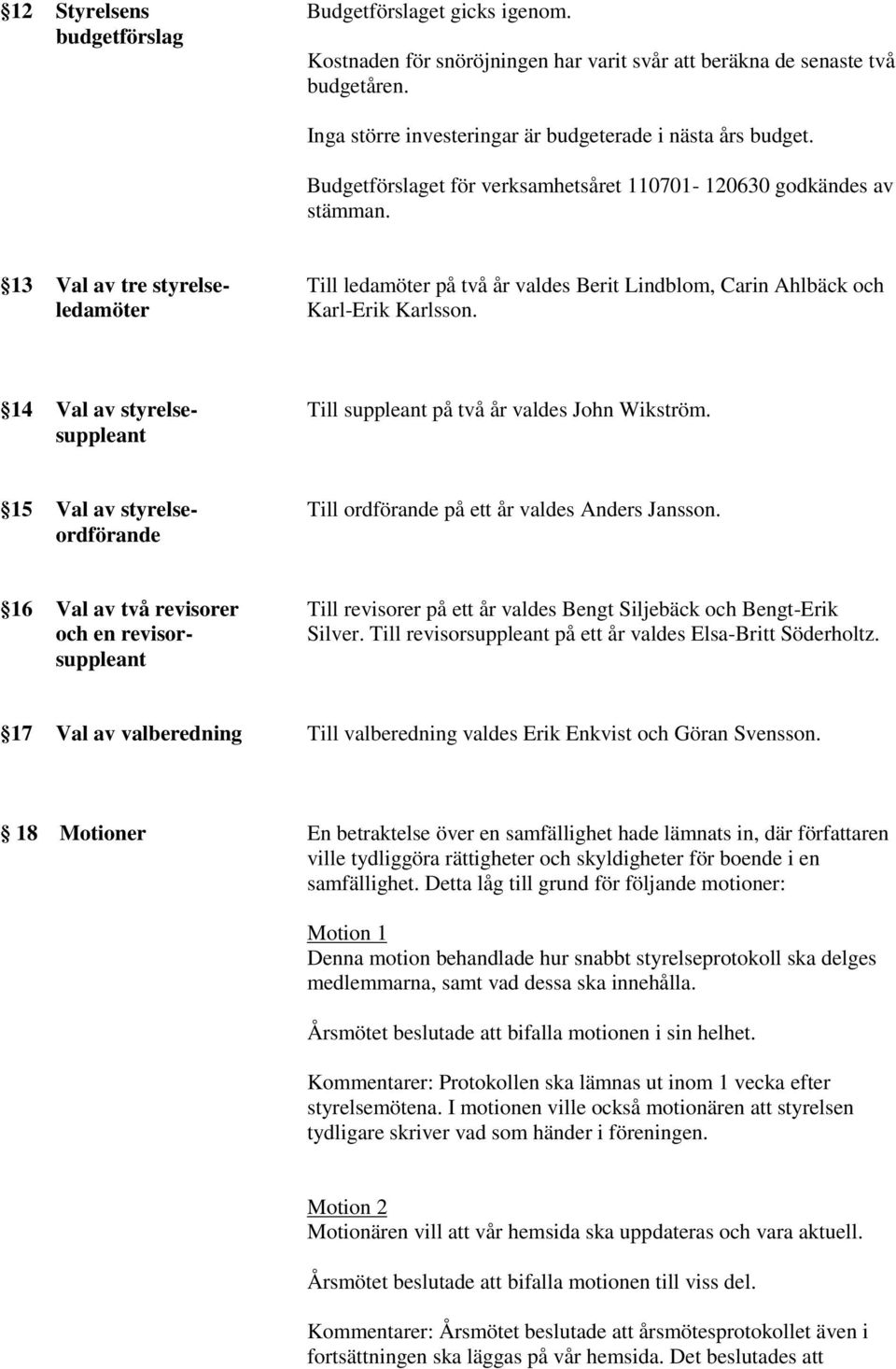 14 Val av styrelse- Till suppleant på två år valdes John Wikström. suppleant 15 Val av styrelse- Till ordförande på ett år valdes Anders Jansson.