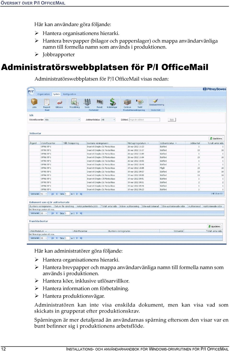 Jobbrapporter Administratörswebbplatsen för P/I OfficeMail Administratörswebbplatsen för P/I OfficeMail visas nedan: Här kan administratörer göra följande: Hantera organisationens hierarki.