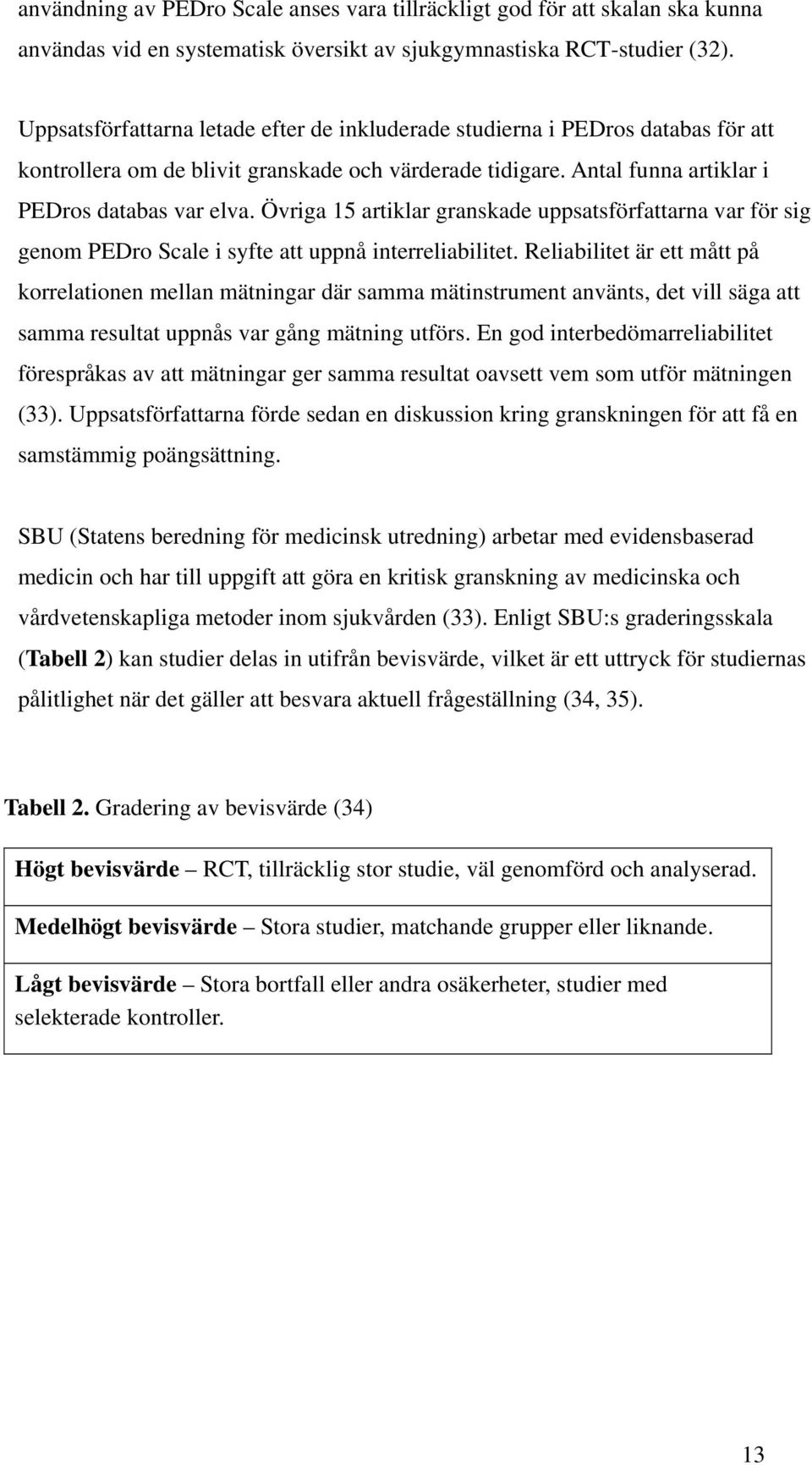 Övriga 15 artiklar granskade uppsatsförfattarna var för sig genom PEDro Scale i syfte att uppnå interreliabilitet.