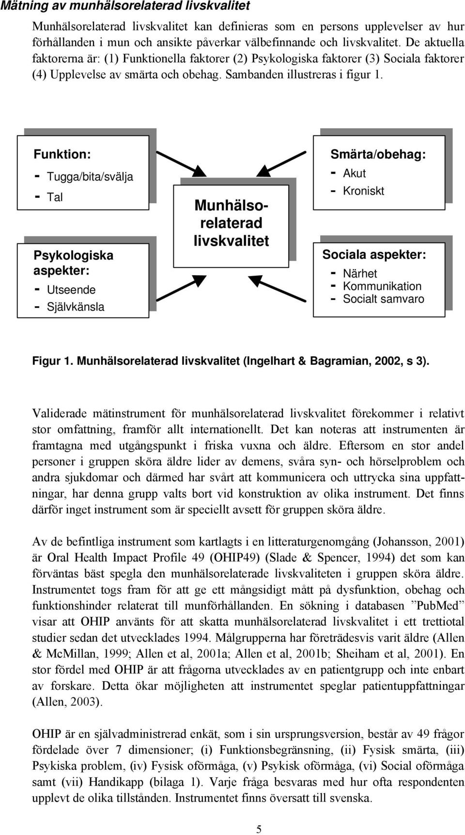Funktion: - Tugga/bita/svälja - Tal Psykologiska aspekter: - Utseende - Självkänsla Munhälsorelaterad livskvalitet Smärta/obehag: - Akut - Kroniskt Sociala aspekter: - Närhet - Kommunikation -