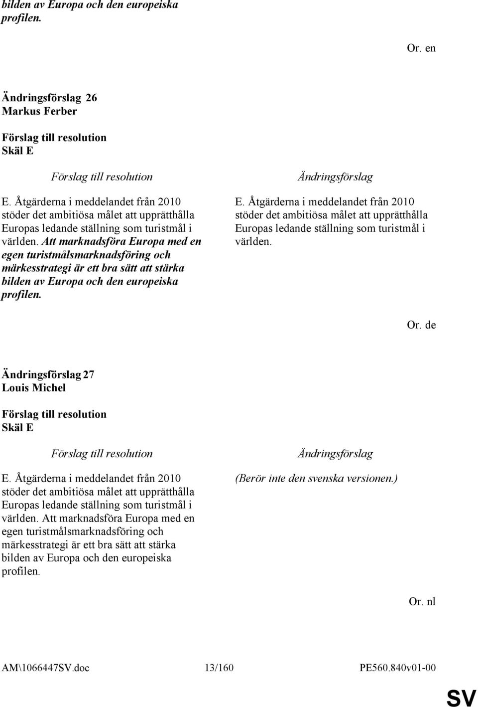 Att marknadsföra Europa med en egen turistmålsmarknadsföring och märkesstrategi är ett bra sätt att stärka bilden av Europa och den europeiska profilen. E.  Or. de 27 Louis Michel Skäl E E.