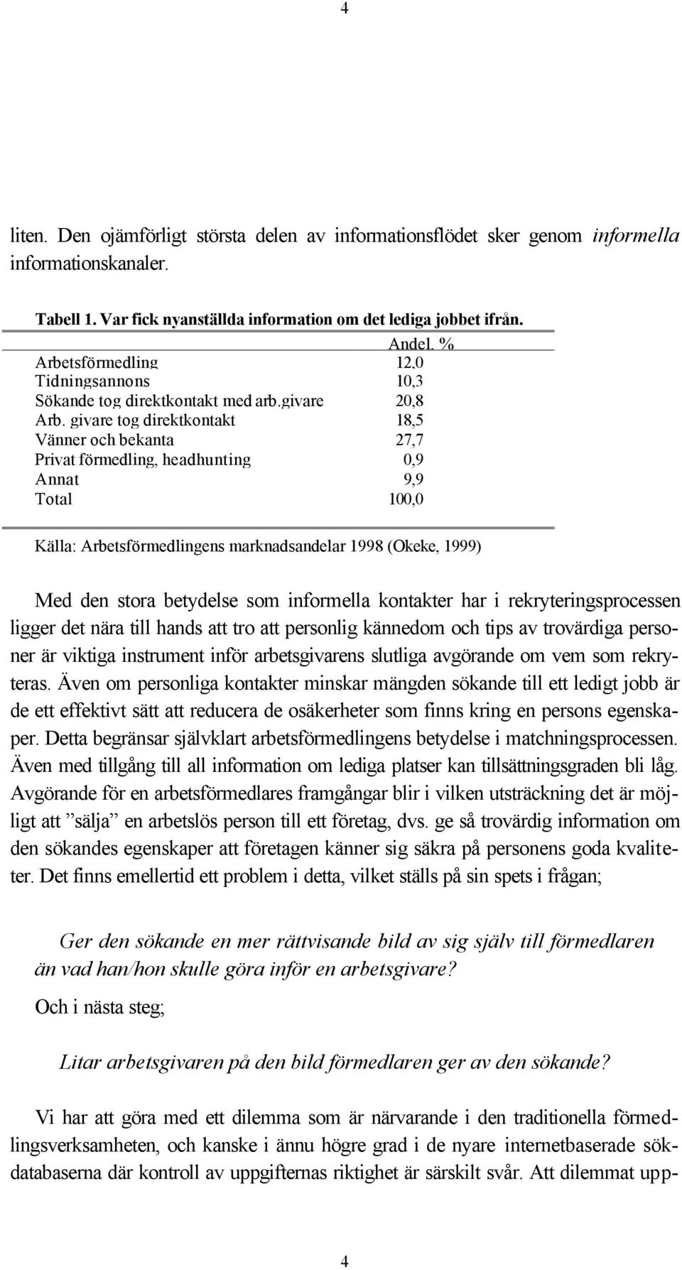 givare tog direktkontakt 18,5 Vänner och bekanta 27,7 Privat förmedling, headhunting 0,9 Annat 9,9 Total 100,0 Källa: Arbetsförmedlingens marknadsandelar 1998 (Okeke, 1999) Med den stora betydelse