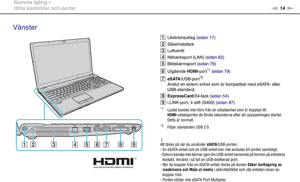 lik-port, 4 stift (S400) (sidan 87) *1 Ljudet kanske inte hörs från en utdataenhet som är kopplad till HDMI-utdataporten de första sekunderna efter att uppspelningen startat. Detta är normalt.