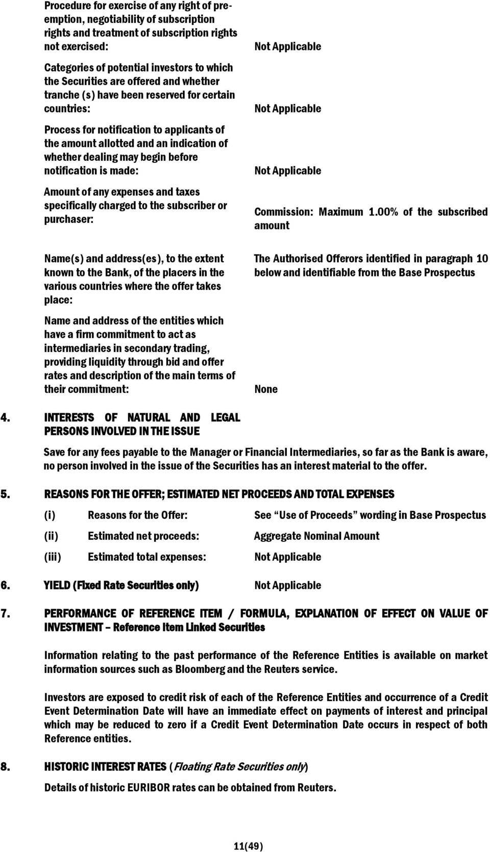 notification is made: Amount of any expenses and taxes specifically charged to the subscriber or purchaser: Name(s) and address(es), to the extent known to the Bank, of the placers in the various