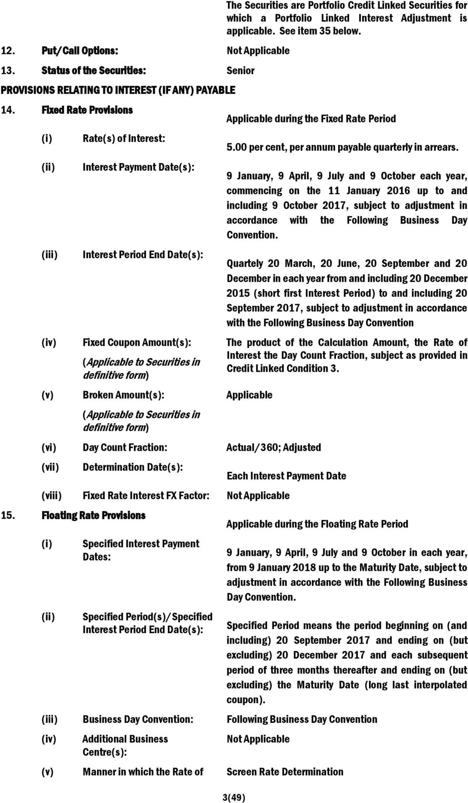 Amount(s): Applicable (Applicable to Securities in definitive form) The Securities are Portfolio Credit Linked Securities for which a Portfolio Linked Interest Adjustment is applicable.