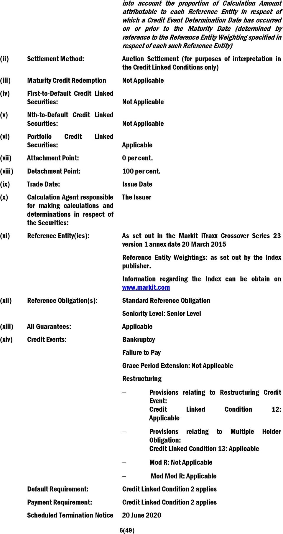 Conditions only) (iii) Maturity Credit Redemption (iv) (v) First-to-Default Credit Linked Securities: Nth-to-Default Credit Linked Securities: (vi) Portfolio Credit Linked Securities: Applicable