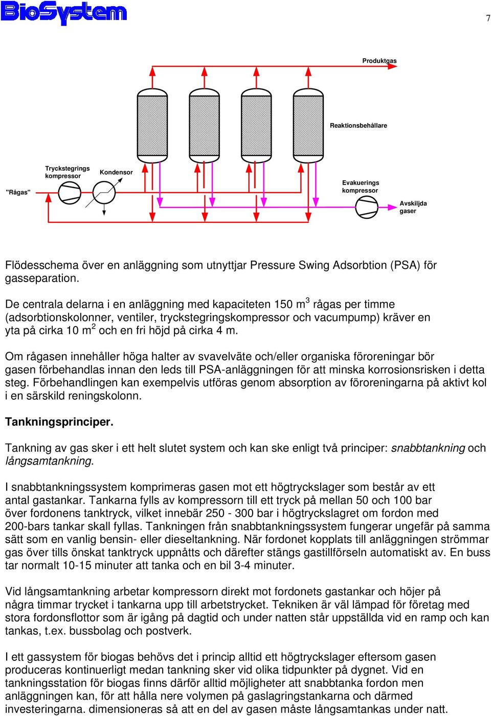 De centrala delarna i en anläggning med kapaciteten 150 m 3 rågas per timme (adsorbtionskolonner, ventiler, tryckstegringskompressor och vacumpump) kräver en yta på cirka 10 m 2 och en fri höjd på