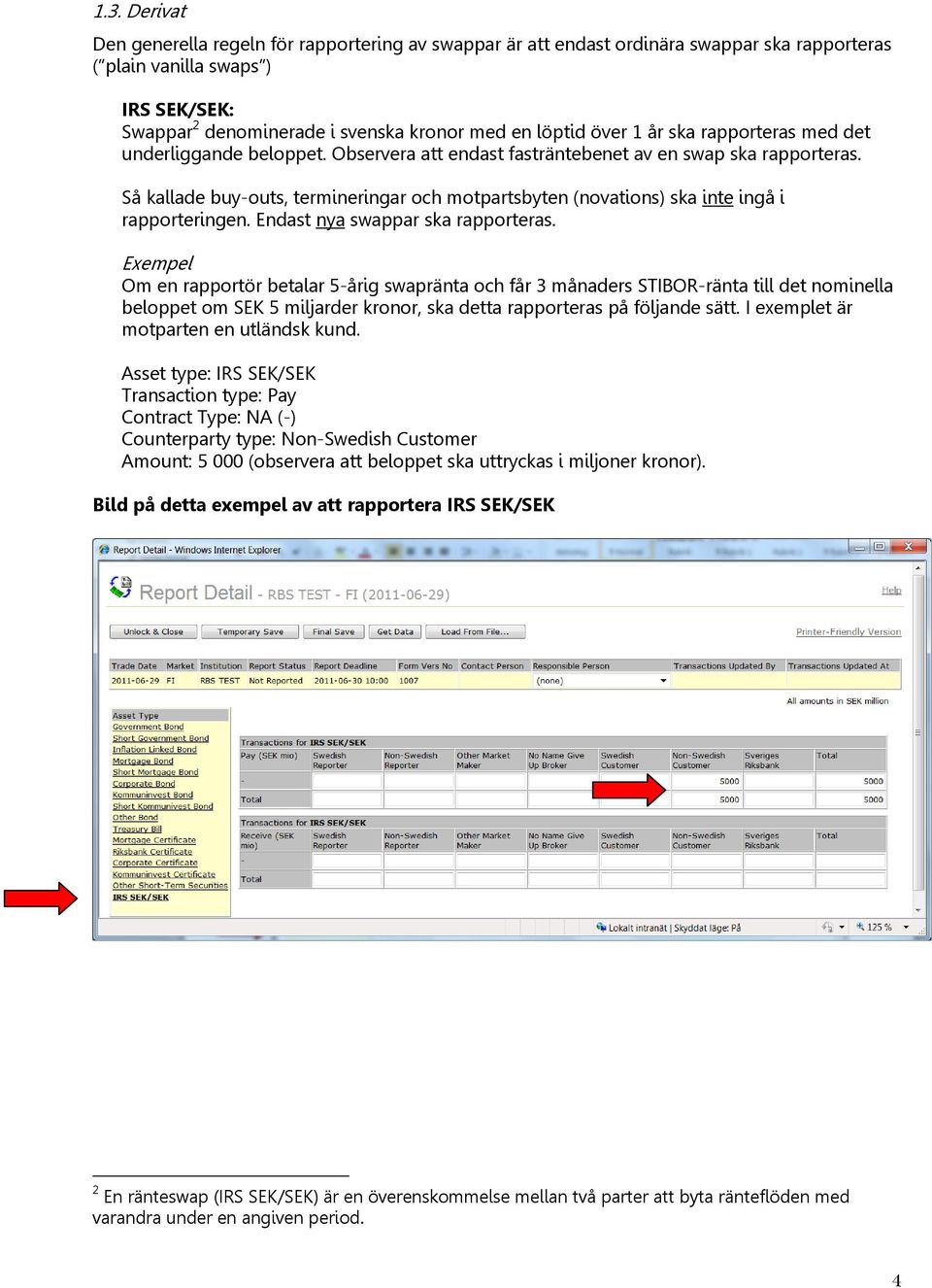 Så kallade buy-outs, termineringar och motpartsbyten (novations) ska inte ingå i rapporteringen. Endast nya swappar ska rapporteras.