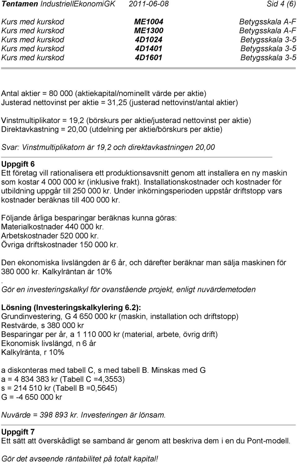 20,00 Uppgift 6 Ett företag vill rationalisera ett produktionsavsnitt genom att installera en ny maskin som kostar 4 000 000 kr (inklusive frakt).