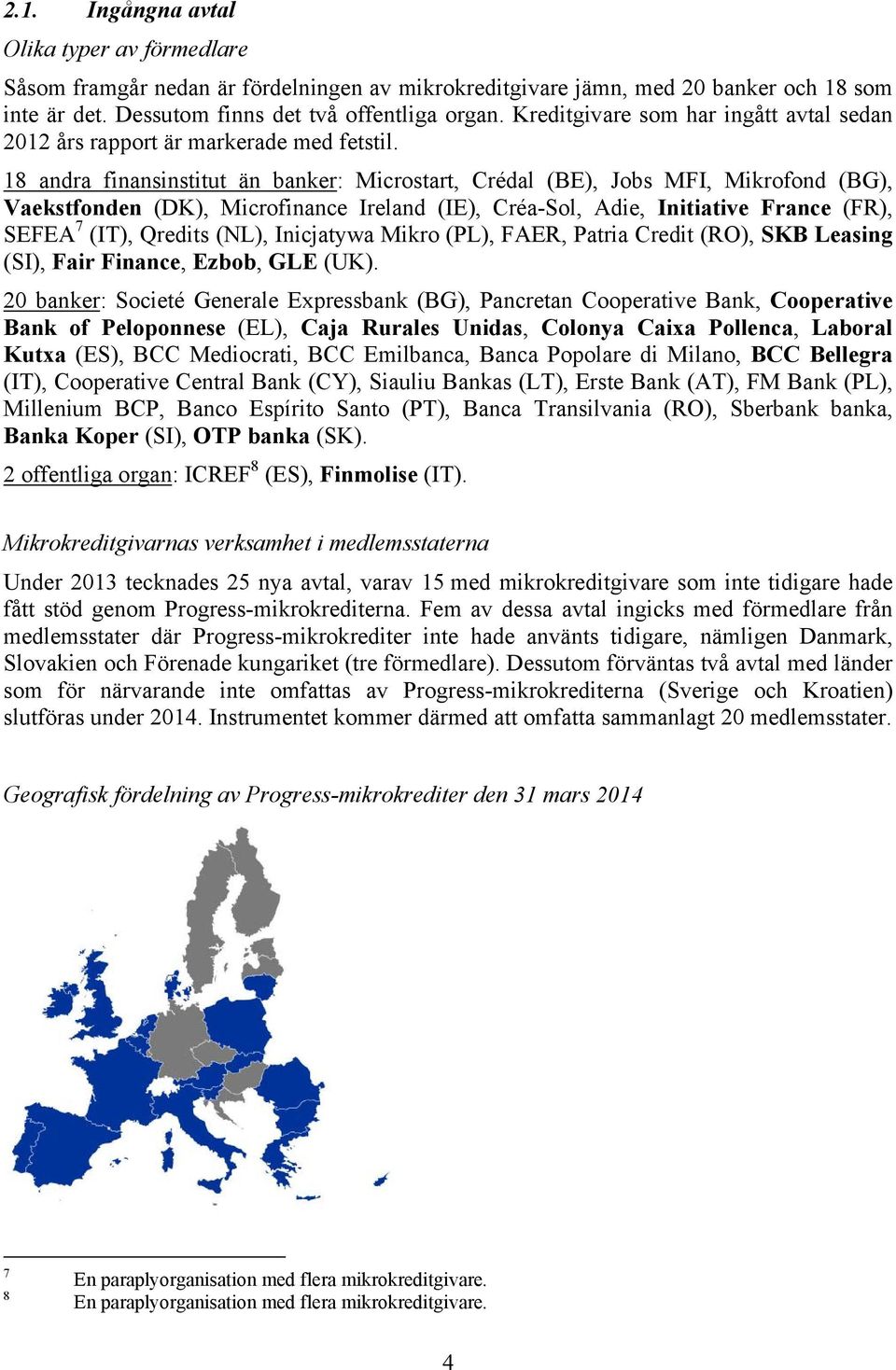 18 andra finansinstitut än banker: Microstart, Crédal (BE), Jobs MFI, Mikrofond (BG), Vaekstfonden (DK), Microfinance Ireland (IE), Créa-Sol, Adie, Initiative France (FR), SEFEA 7 (IT), Qredits (NL),