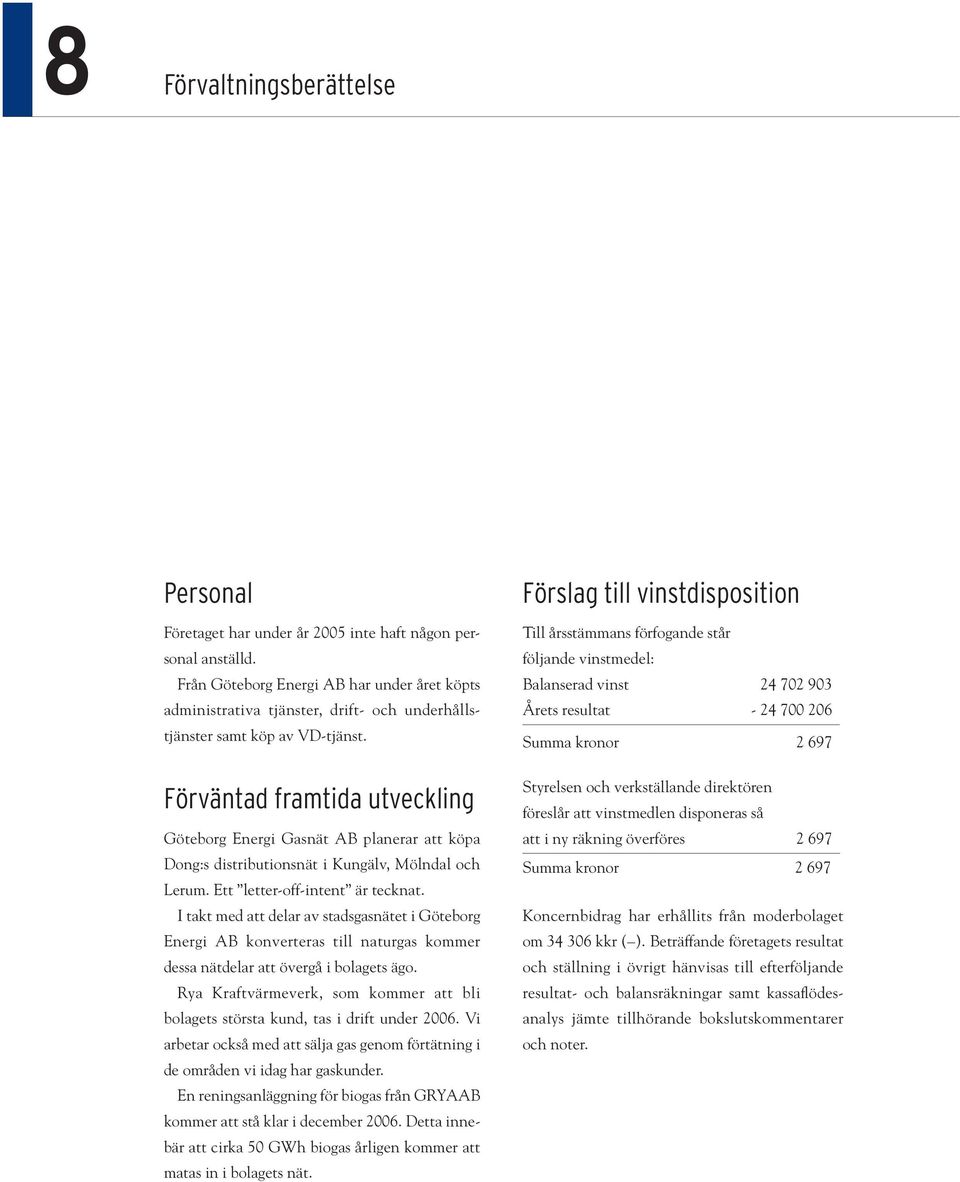 Förväntad framtida utveckling Göteborg Energi Gasnät AB planerar att köpa Dong:s distributionsnät i Kungälv, Mölndal och Lerum. Ett letter-off-intent är tecknat.