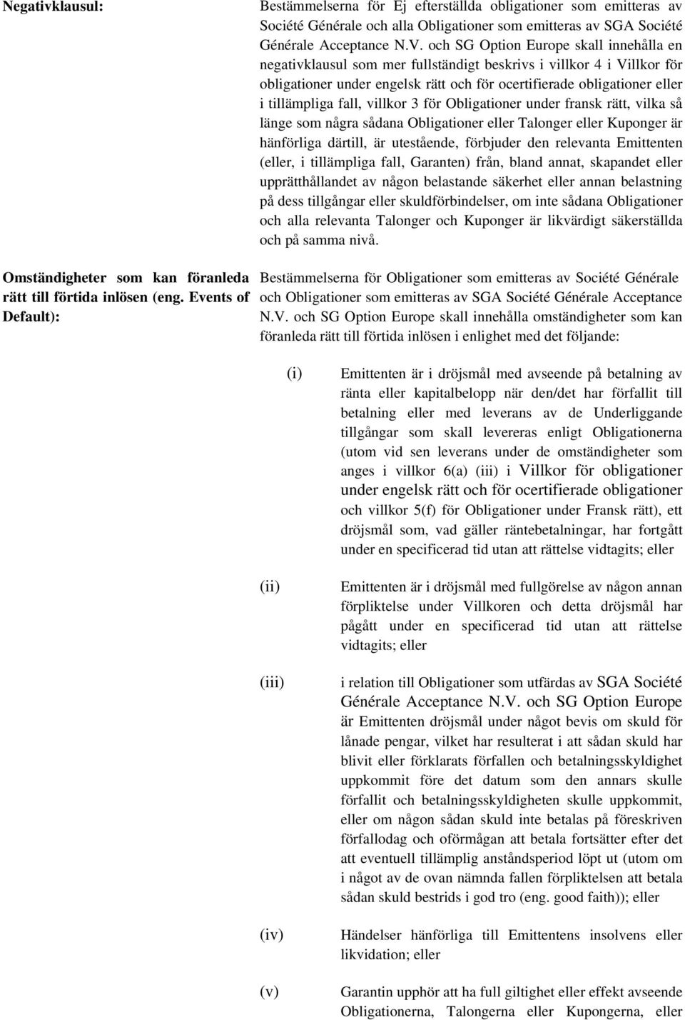 fall, villkor 3 för Obligationer under fransk rätt, vilka så länge som några sådana Obligationer eller Talonger eller Kuponger är hänförliga därtill, är utestående, förbjuder den relevanta Emittenten