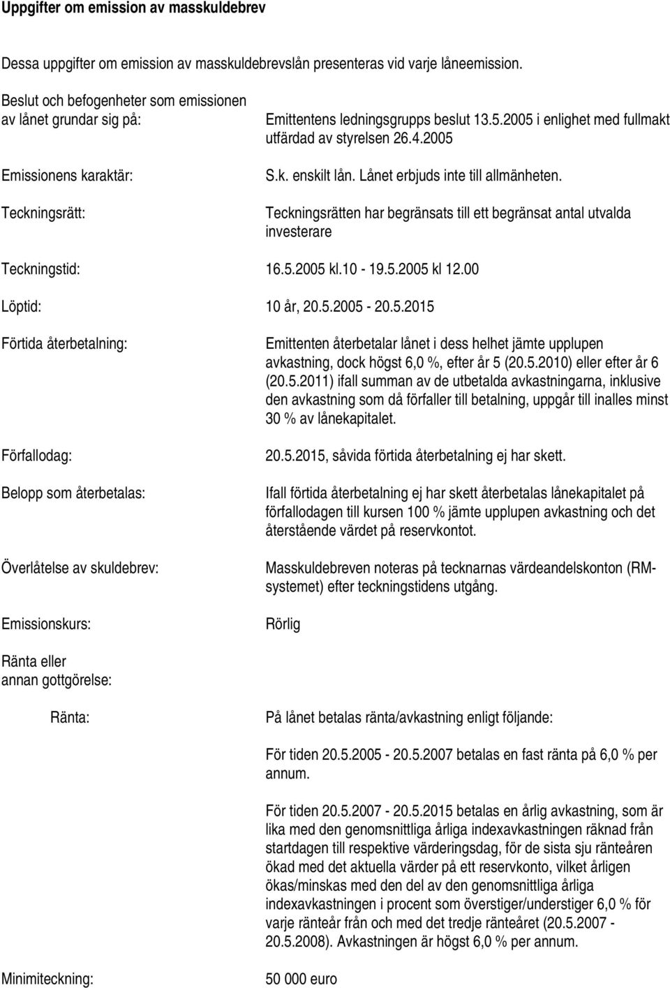 2005 S.k. enskilt lån. Lånet erbjuds inte till allmänheten. Teckningsrätten har begränsats till ett begränsat antal utvalda investerare Teckningstid: 16.5.2005 kl.10-19.5.2005 kl 12.