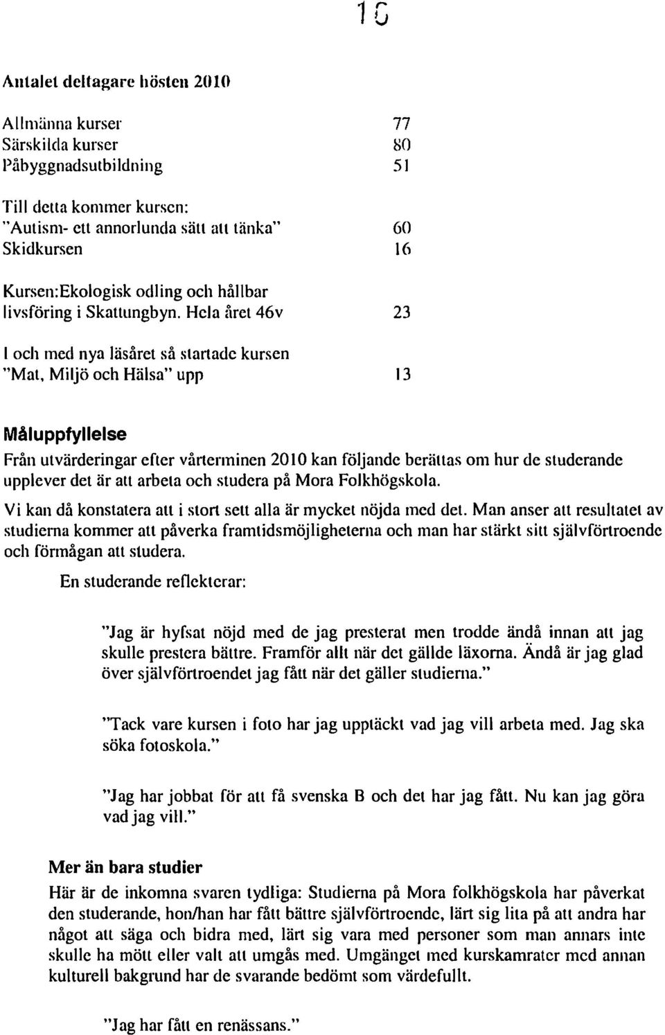 Hela året 46v I och med nya läsåret så startade kursen "Mat, Miljö och Hälsa" upp 77 go 51 60 16 23 13 Måluppfyllelse Från utvärderingar efter vårterminen 20 lokan följande berättas om hur de