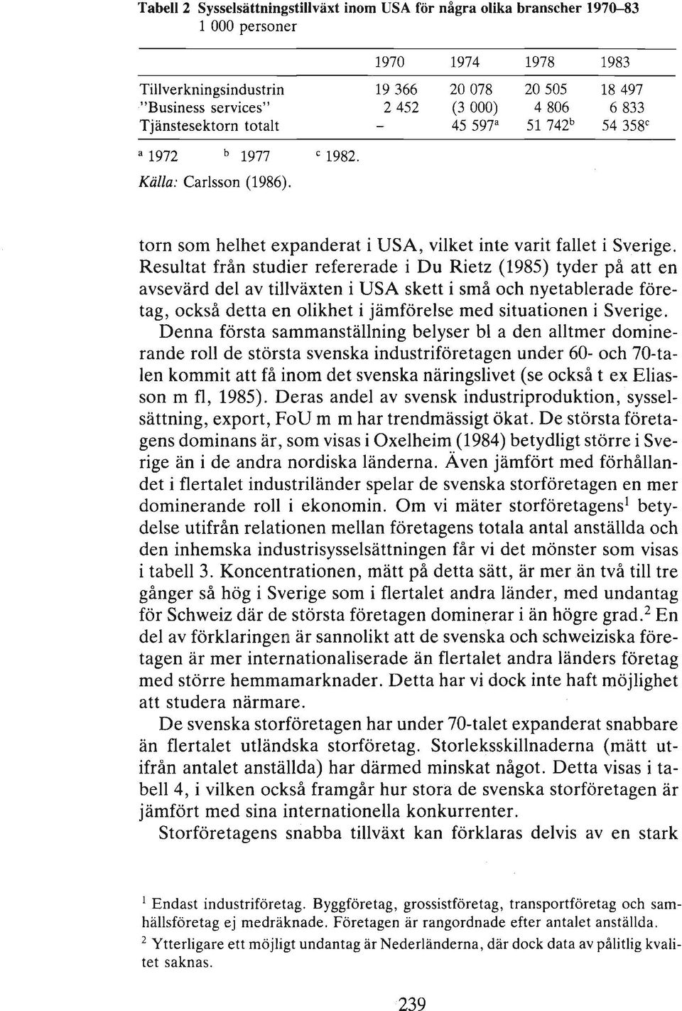 Resultat från studier refererade i Du Rietz (1985) tyder på att en avsevärd del av tillväxten i USA skett i små och nyetablerade företag, också detta en olikhet i jämförelse med situationen i Sverige.