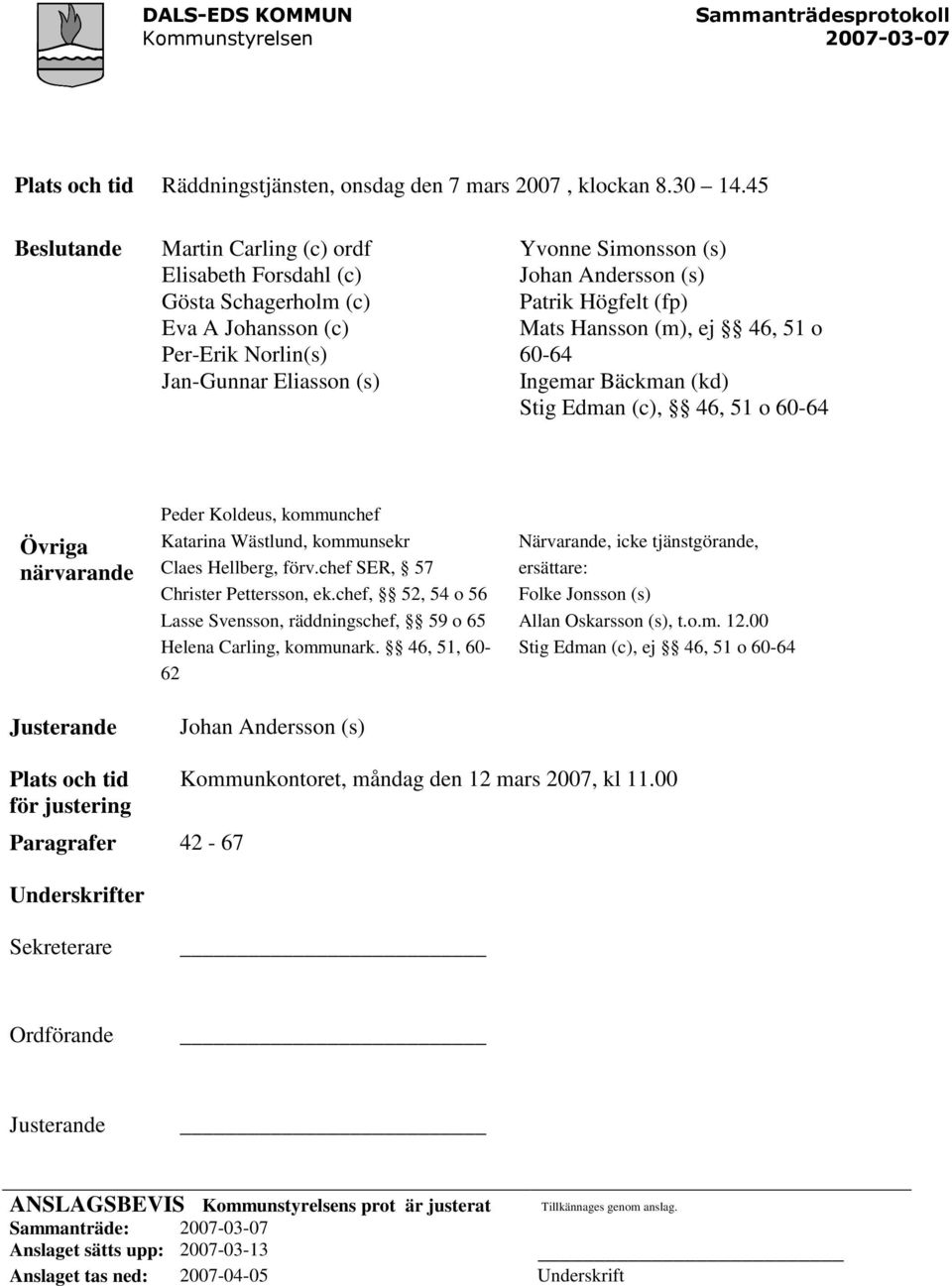 Högfelt (fp) Mats Hansson (m), ej 46, 51 o 60-64 Ingemar Bäckman (kd) Stig Edman (c), 46, 51 o 60-64 Övriga närvarande Justerande Peder Koldeus, kommunchef Katarina Wästlund, kommunsekr Claes