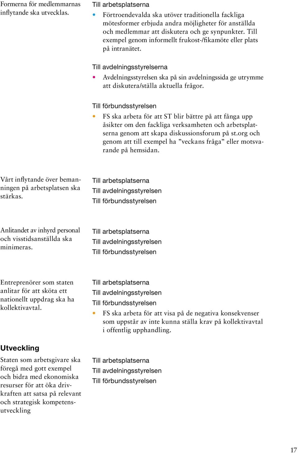 FS ska arbeta för att ST blir bättre på att fånga upp åsikter om den fackliga verksamheten och arbetsplatserna genom att skapa diskussionsforum på st.