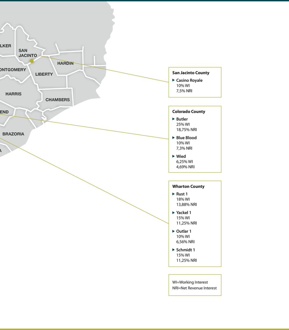7,3% NRI Wied 6,25% WI 4,69% NRI Wharton County Rust 1 18% WI 13,88% NRI Yackel 1 15% WI 11,25%