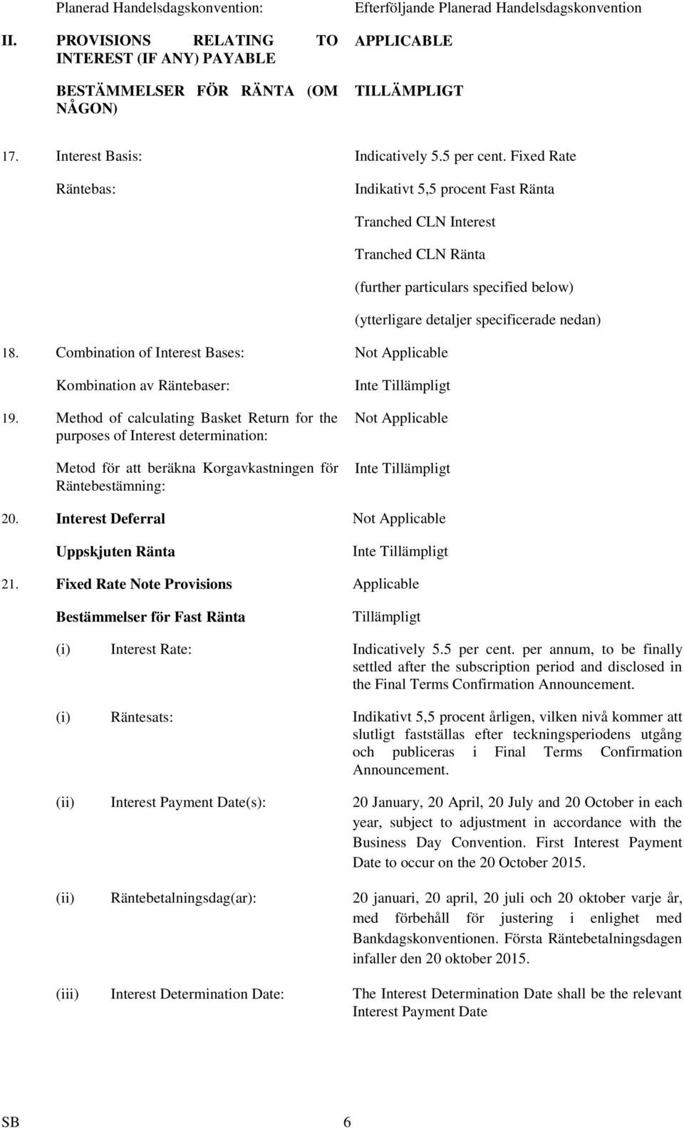 Fixed Rate Räntebas: Indikativt 5,5 procent Fast Ränta Tranched CLN Interest Tranched CLN Ränta (further particulars specified below) (ytterligare detaljer specificerade nedan) 18.