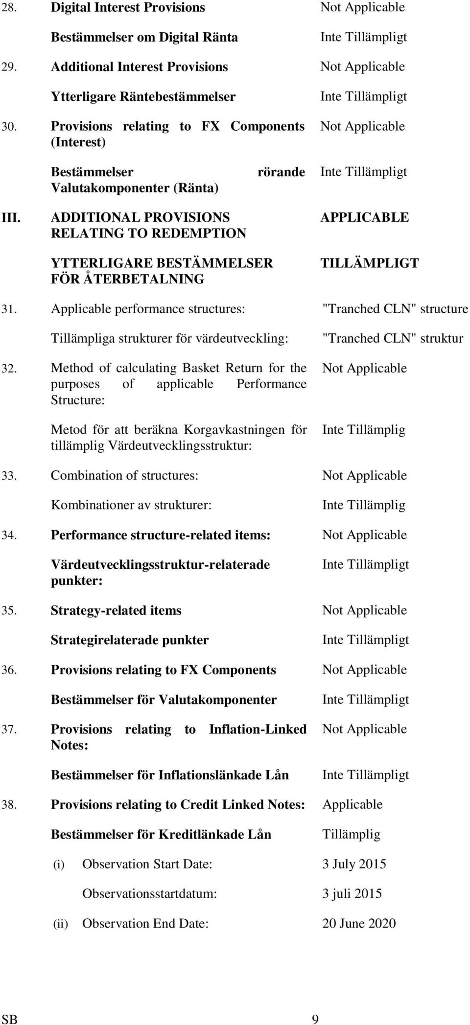 ADDITIONAL PROVISIONS RELATING TO REDEMPTION YTTERLIGARE BESTÄMMELSER FÖR ÅTERBETALNING APPLICABLE TILLÄMPLIGT 31.