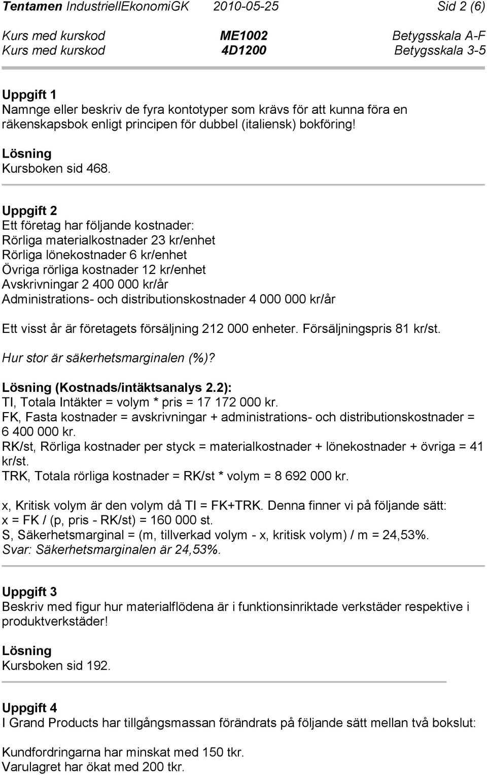 Uppgift 2 Ett företag har följande kostnader: Rörliga materialkostnader 23 kr/enhet Rörliga lönekostnader 6 kr/enhet Övriga rörliga kostnader 12 kr/enhet Avskrivningar 2 400 000 kr/år