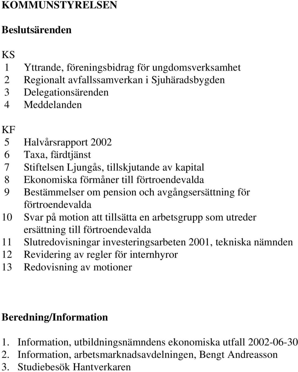 motion att tillsätta en arbetsgrupp som utreder ersättning till förtroendevalda 11 Slutredovisningar investeringsarbeten 2001, tekniska nämnden 12 Revidering av regler för internhyror 13