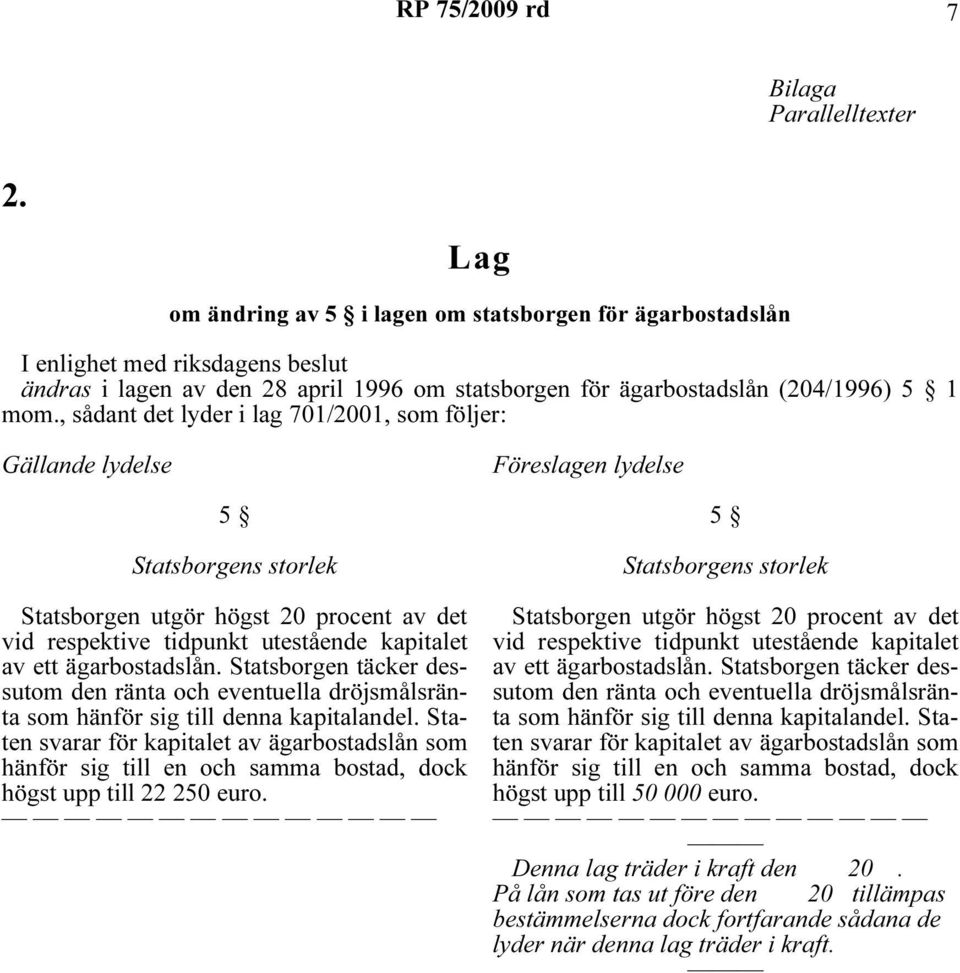 , sådant det lyder i lag 701/2001, som följer: Gällande lydelse Föreslagen lydelse 5 Statsborgens storlek Statsborgen utgör högst 20 procent av det vid respektive tidpunkt utestående kapitalet av ett